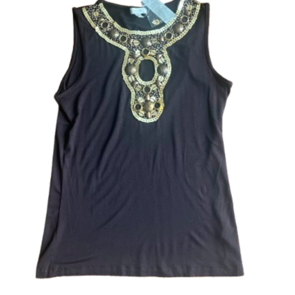 Cache Brown Sleeveless Keyhole Top with Gold Accents